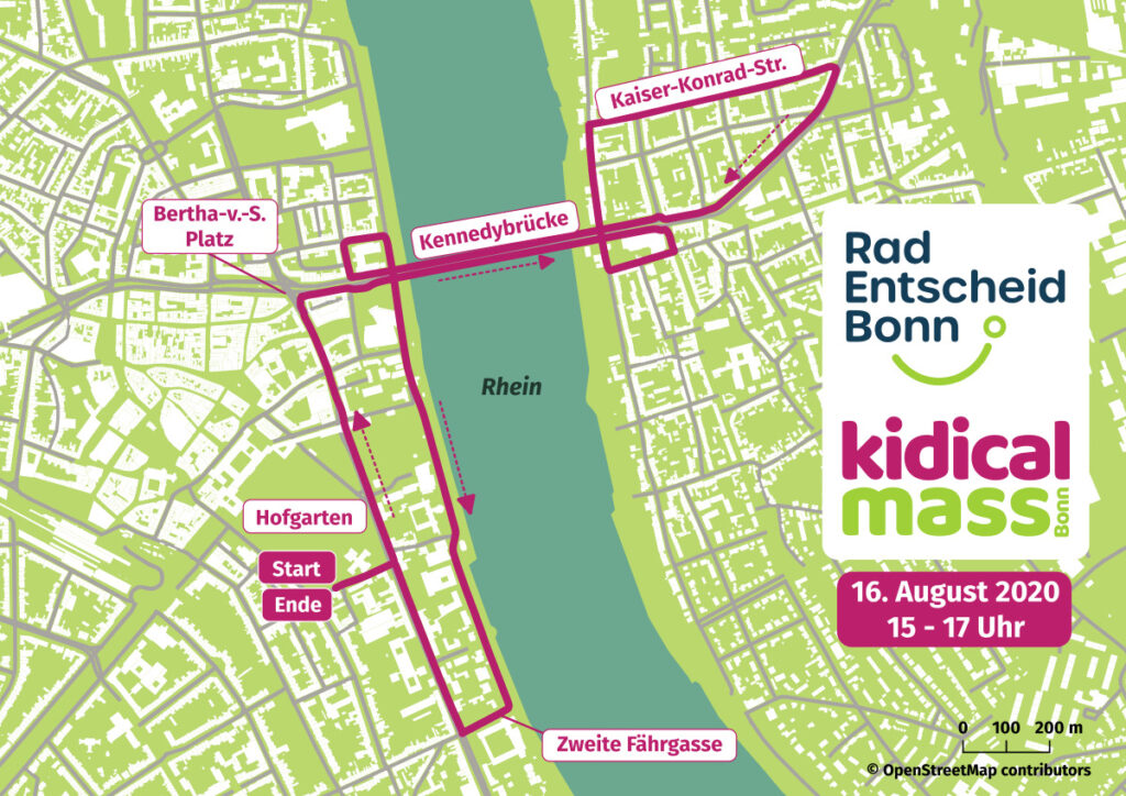 Eine Karte der Stadt Bonn mit eingezeichneter Streckenführung vom Hofgarten aus über die Kennedybrücke nach Beuel und über die Kaiser-Konrad-Straße wieder zurück.