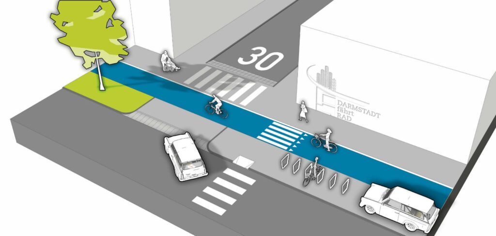 Die Graifk zeigt einen niveaugleichen Radweg neben einem niveaugleichen Gehweg. Autos, die in die Seitenstraße einbiegen wollen, müssen eine geringe Steigung auffahren