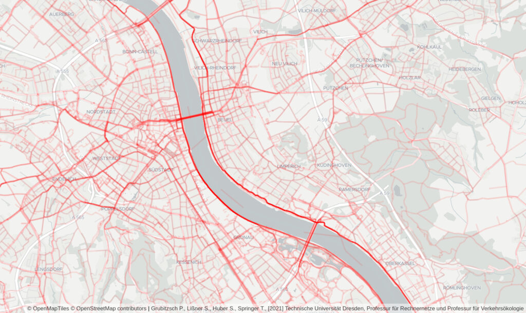 Darstellung der Radverkehrszahlen bei der Stadtradeln-Aktion 2020. An den Rheinufern und auf den Rheinbrücken sind die meisten Fahrten aufgezeichnet worden.